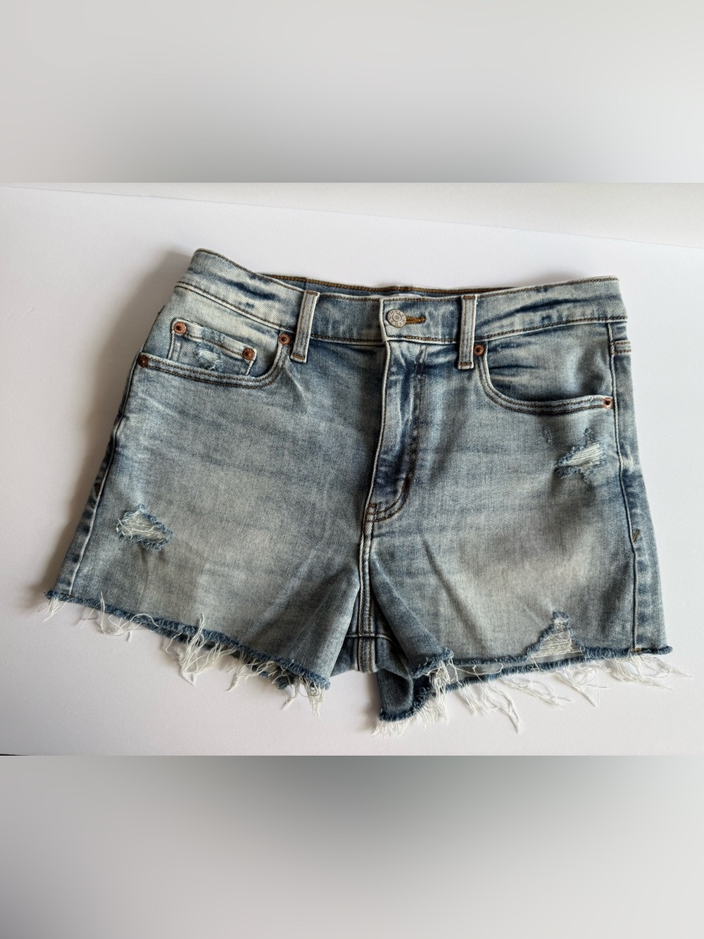 Light Blue Distressed Denim Jean Shorts with Frayed Hem